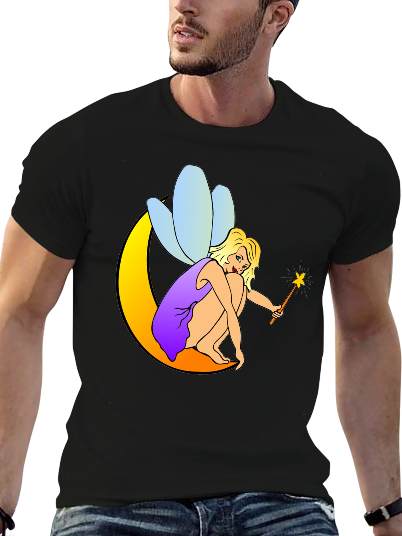 Fairy on Moon Black T-Shirt