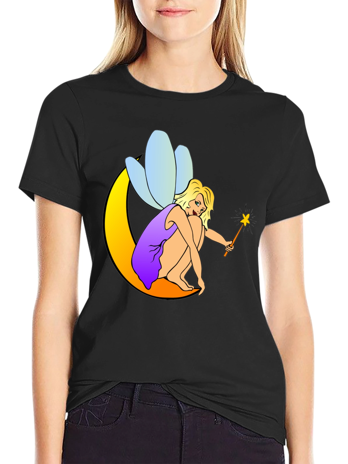 Fairy on Moon Black T-Shirt