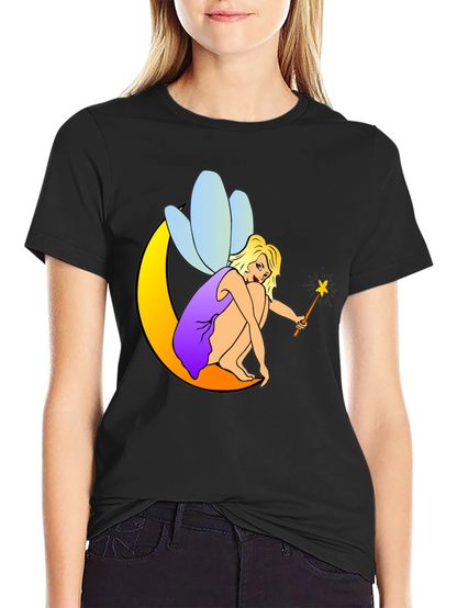 Fairy on Moon Black T-Shirt
