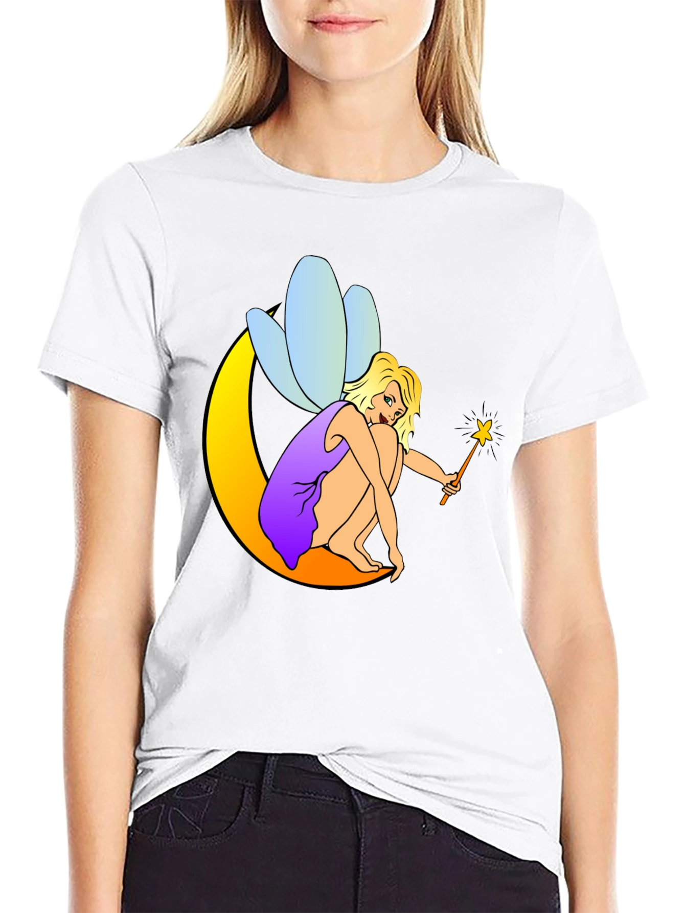 Fairy on Moon Black T-Shirt