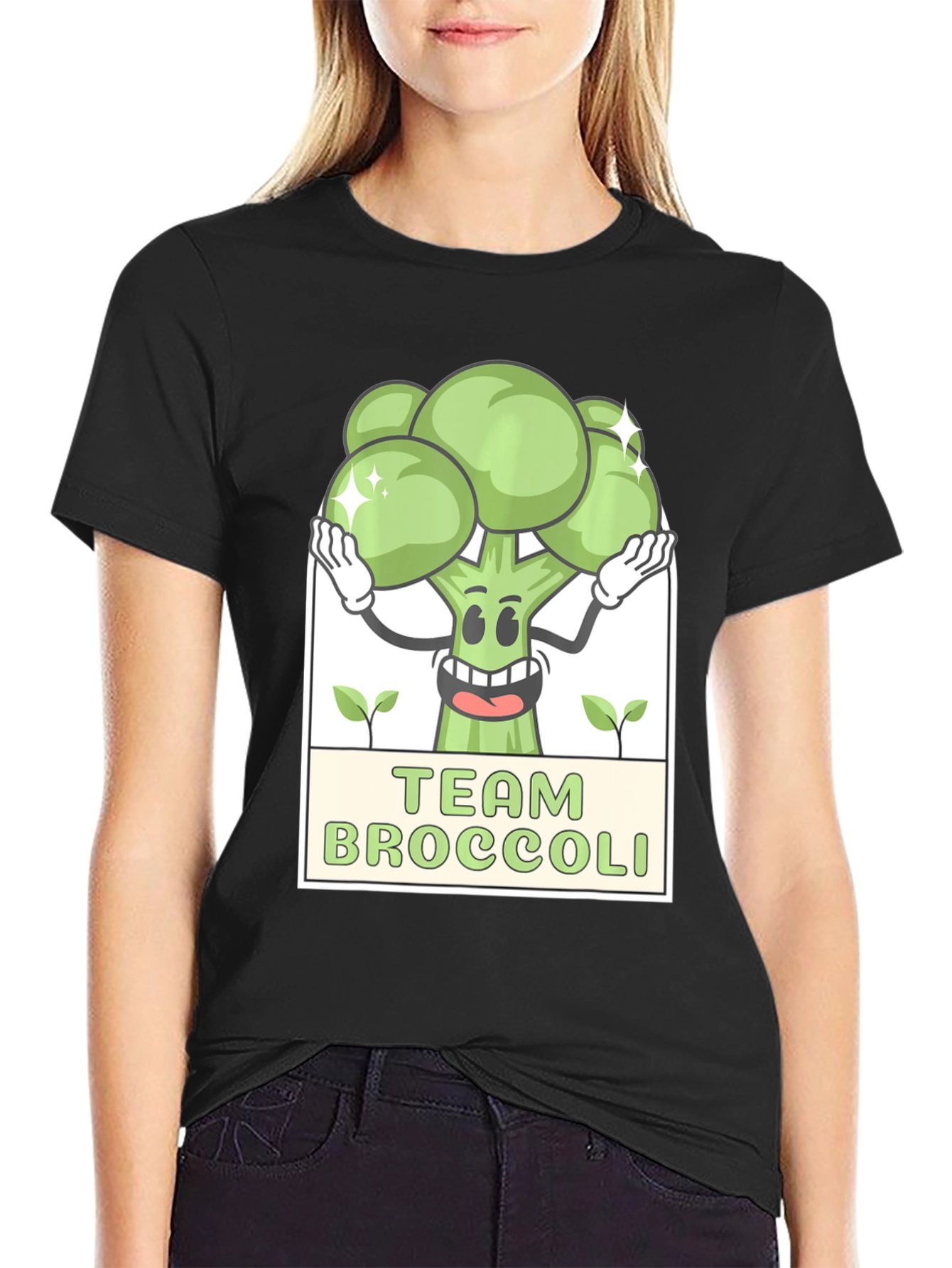 Team Broccoli Cartoon Graphic Black T-Shirt