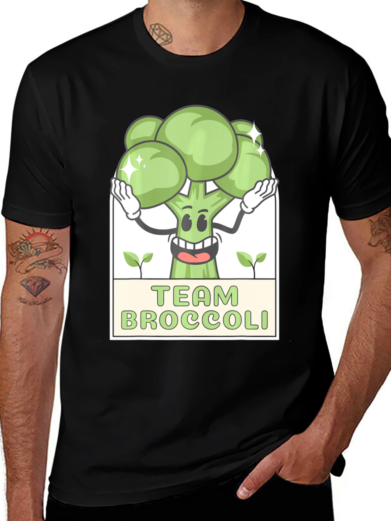 Team Broccoli Cartoon Graphic Black T-Shirt