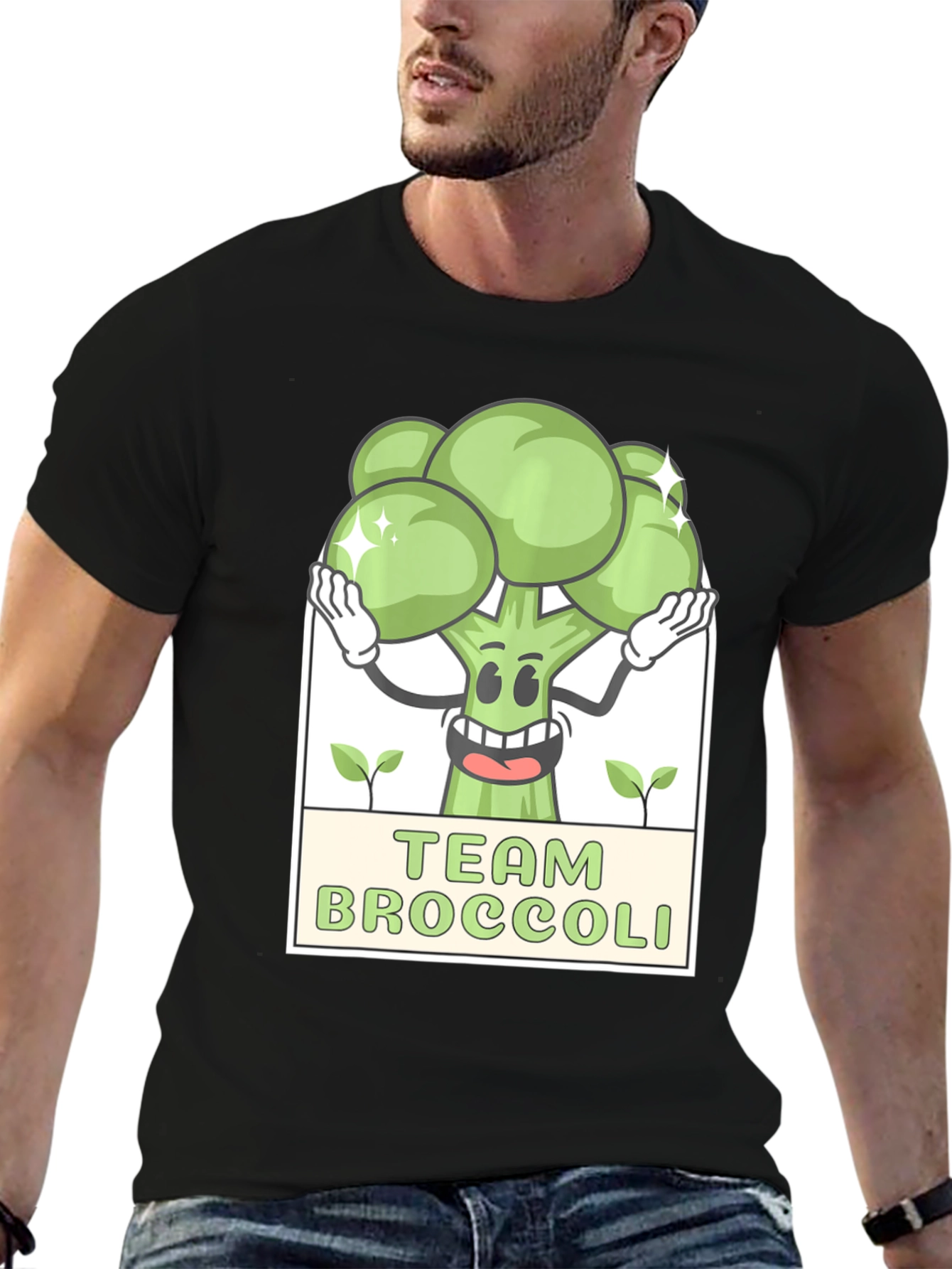 Team Broccoli Cartoon Graphic Black T-Shirt