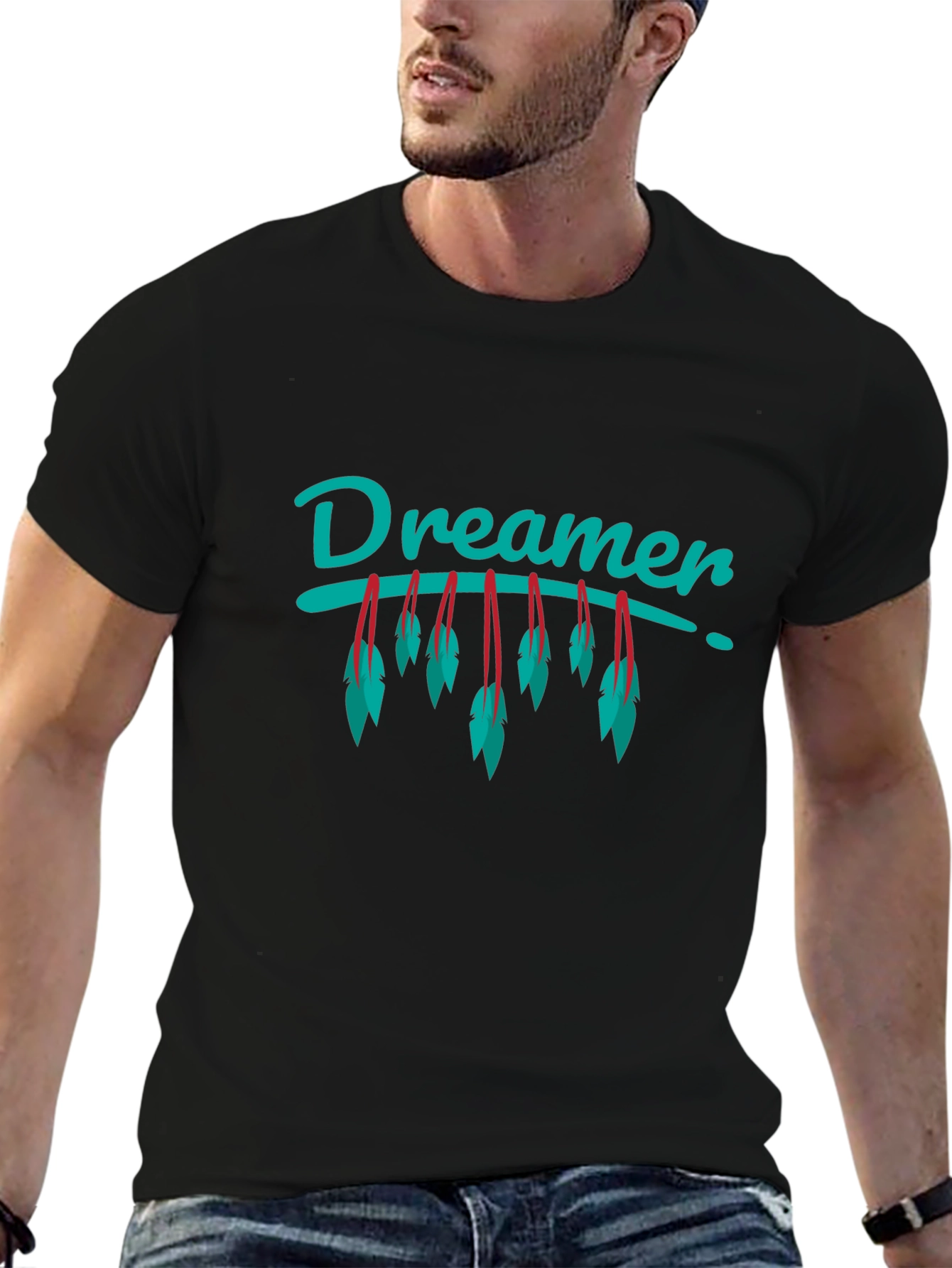Dreamer Feather Graphic Black T-Shirt