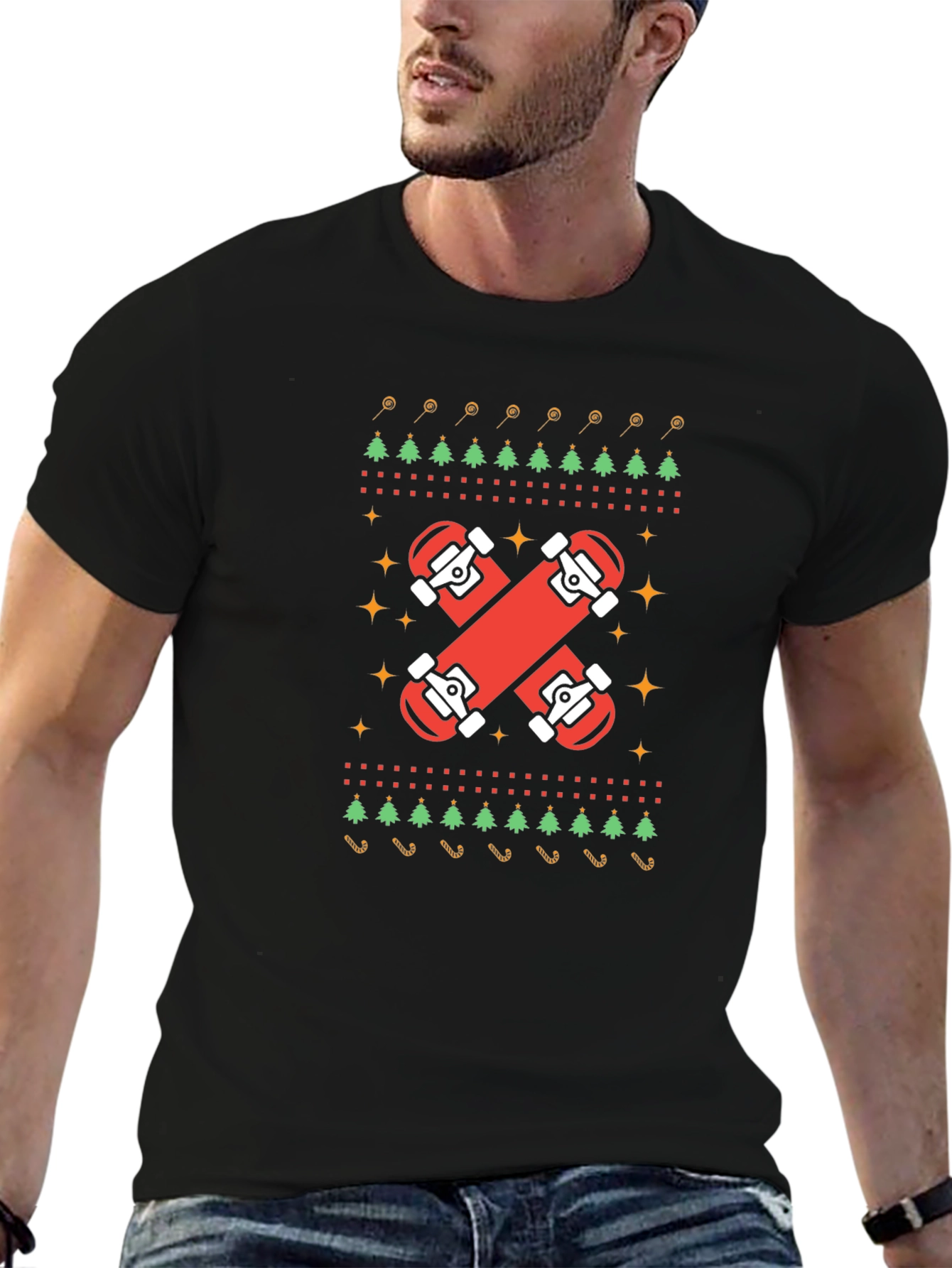 Skateboard Christmas Ugly Sweater Style Graphic Tee