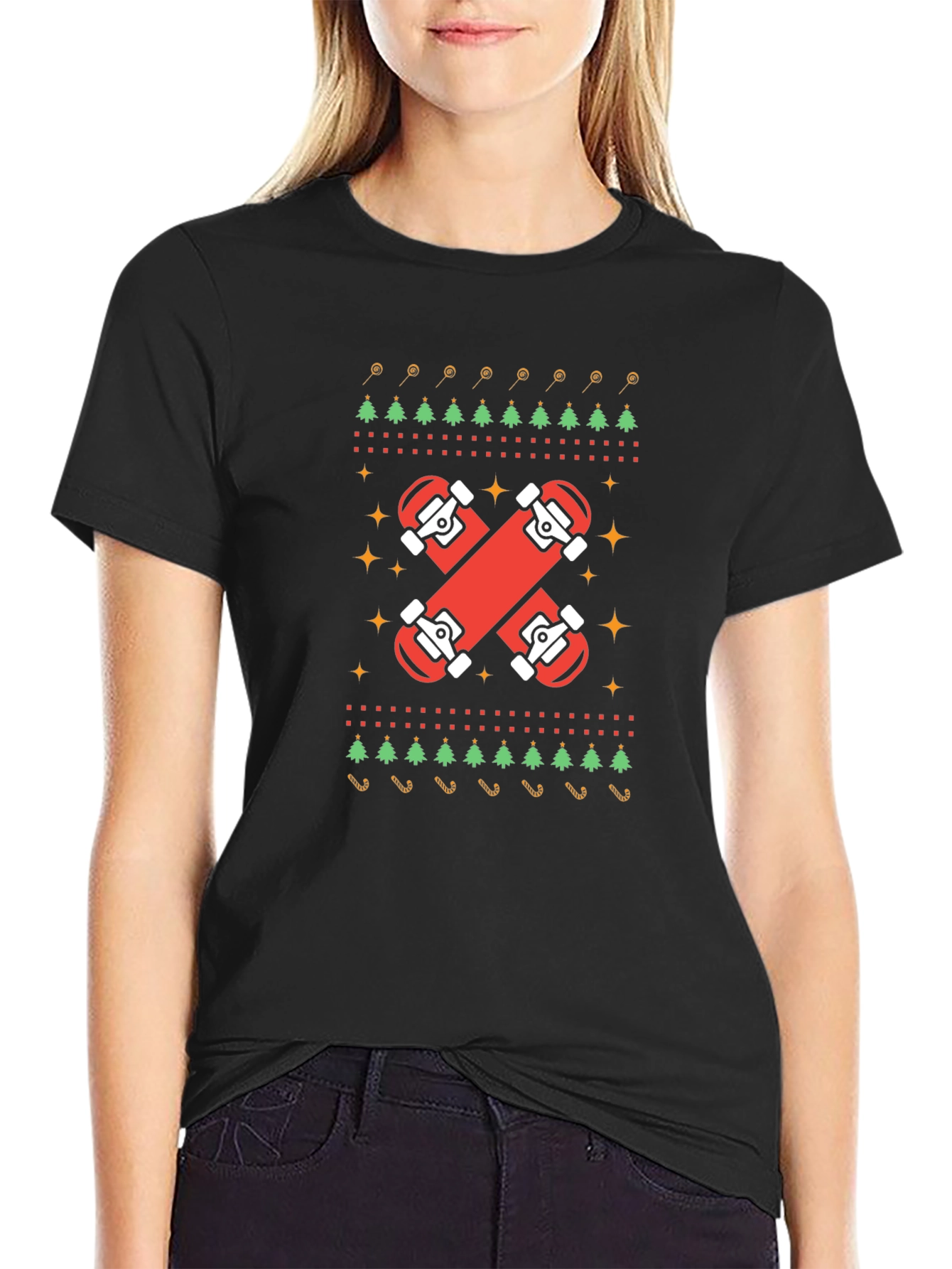 Skateboard Christmas Ugly Sweater Style Graphic Tee