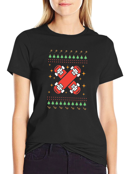 Skateboard Christmas Ugly Sweater Style Graphic Tee
