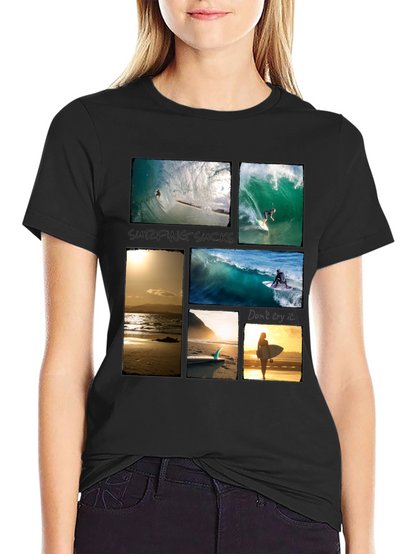 Surfing Collage Graphic Tee - Black Cotton T-Shirt