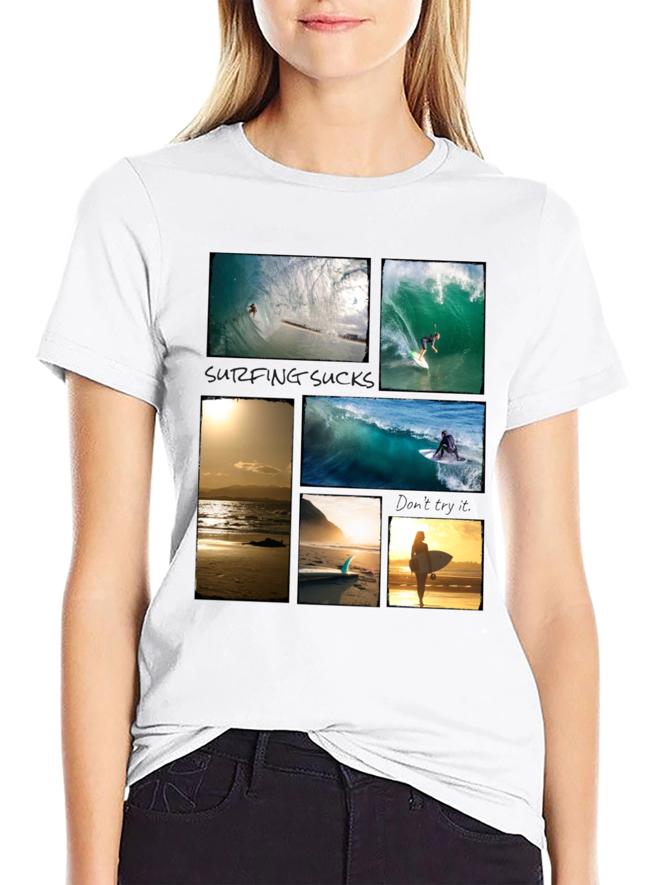 Surfing Collage Graphic Tee - Black Cotton T-Shirt