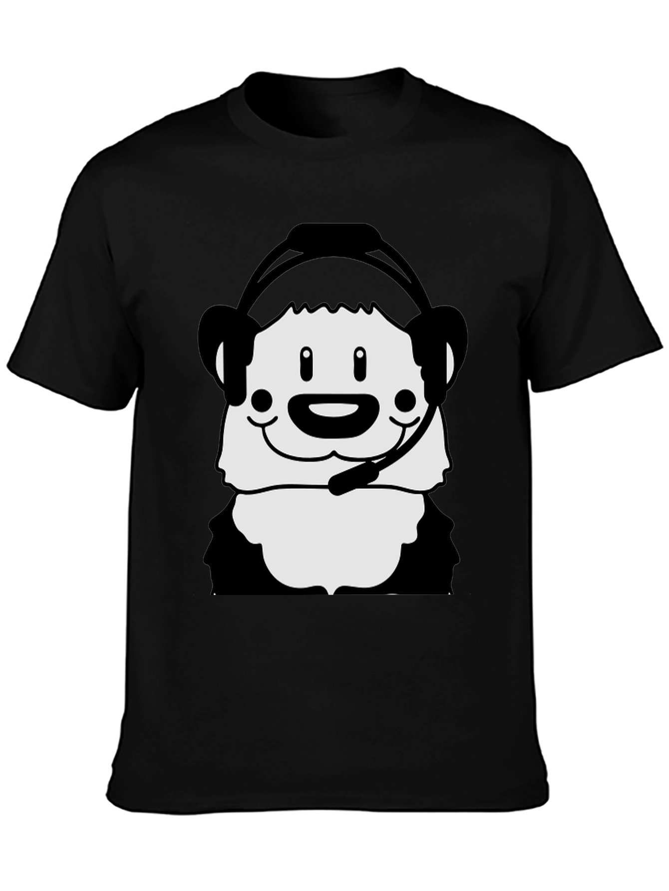 Cartoon Panda with Headset Black T-Shirt