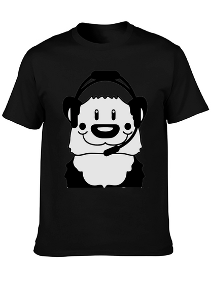 Cartoon Panda with Headset Black T-Shirt