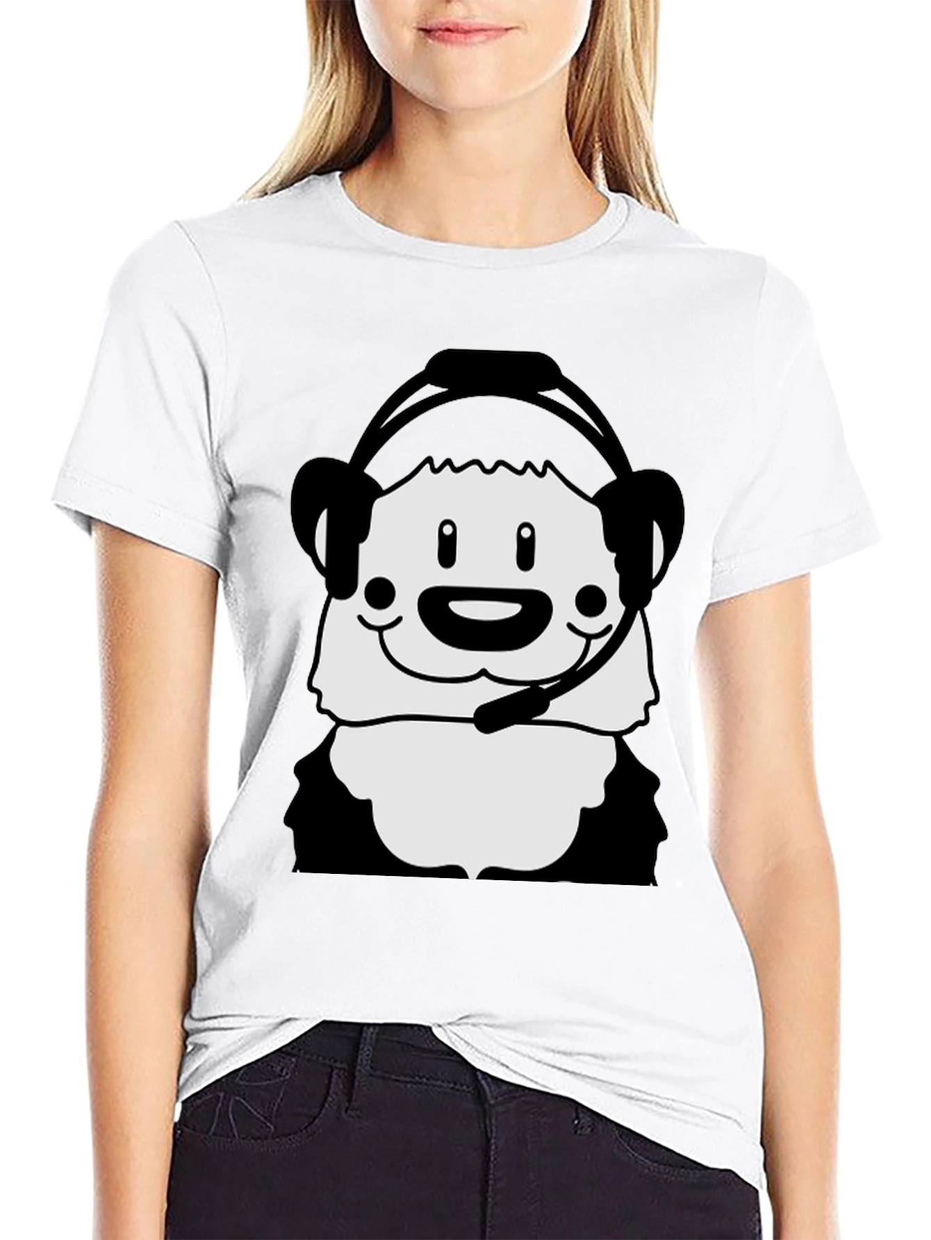 Cartoon Panda with Headset Black T-Shirt