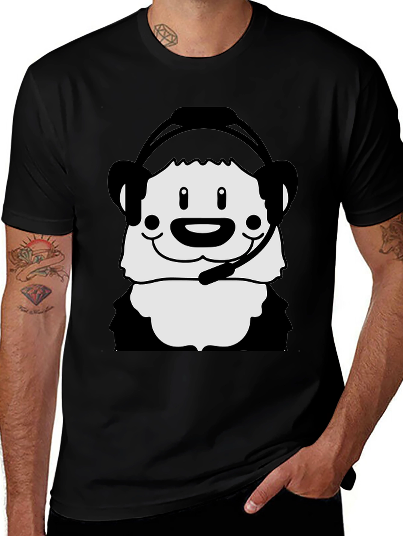 Cartoon Panda with Headset Black T-Shirt