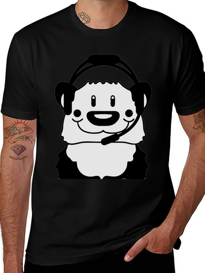 Cartoon Panda with Headset Black T-Shirt