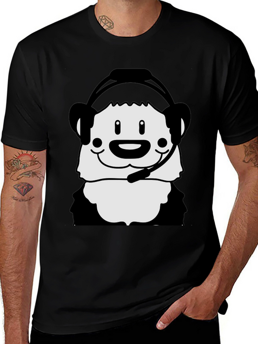 Cartoon Panda with Headset Black T-Shirt