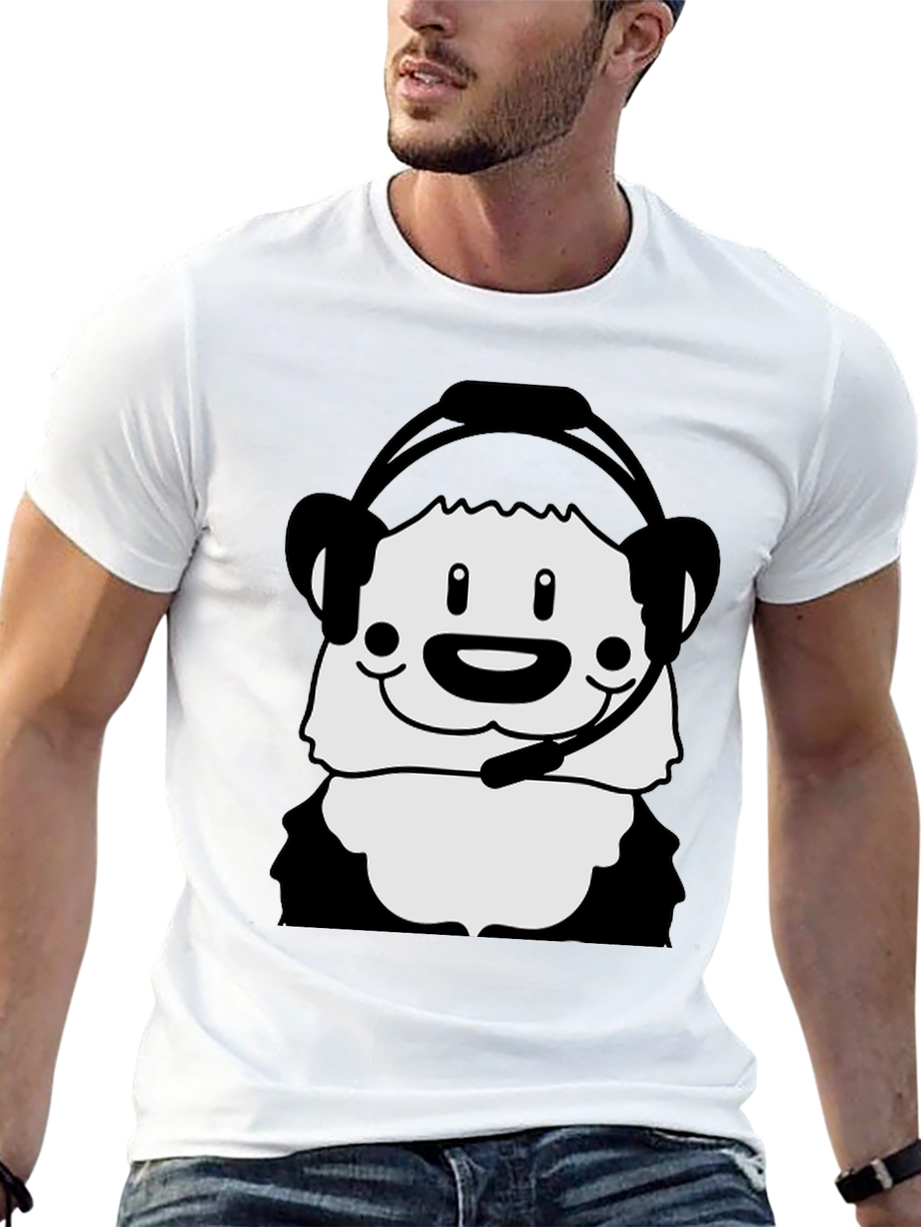 Cartoon Panda with Headset Black T-Shirt