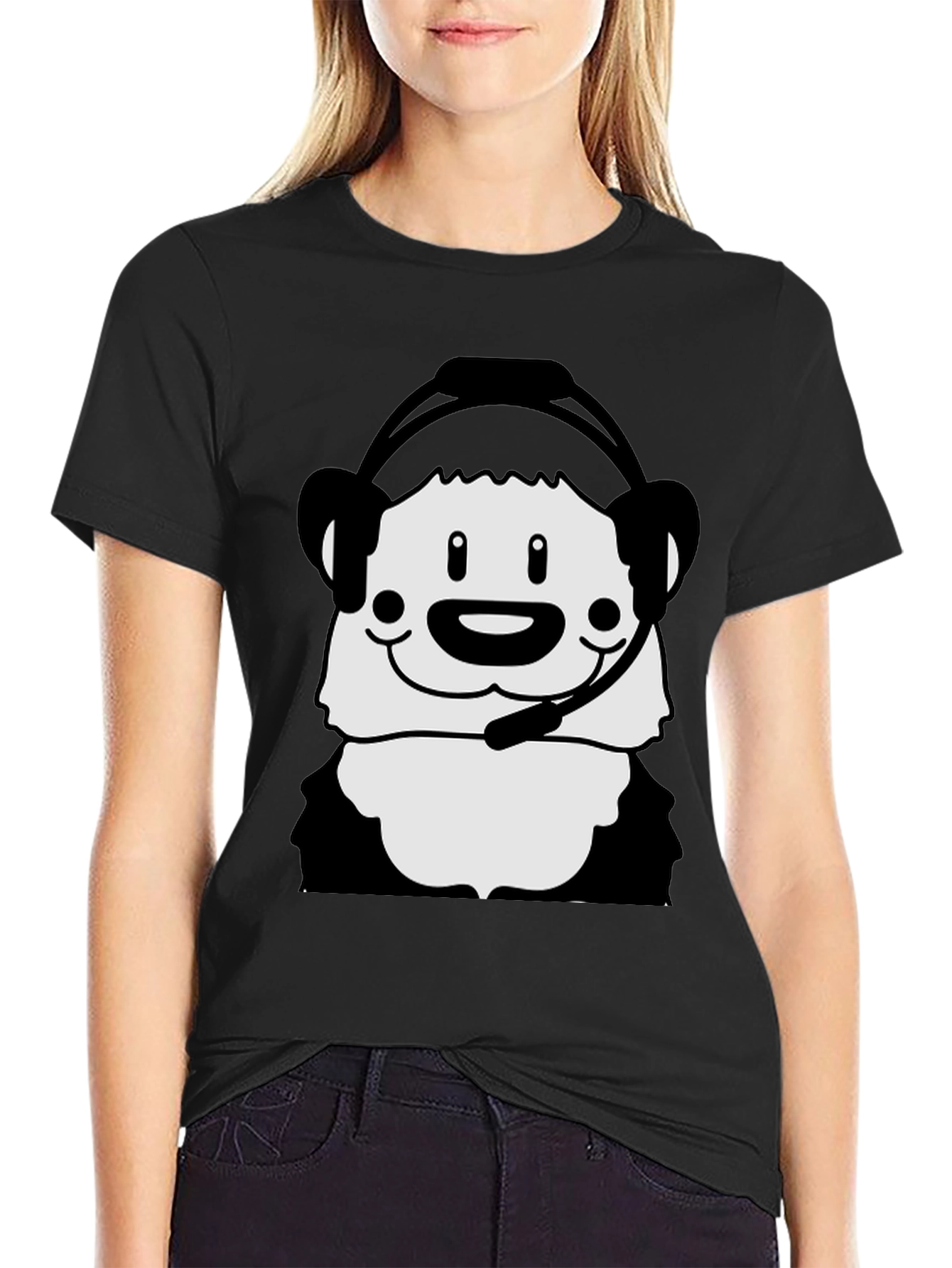 Cartoon Panda with Headset Black T-Shirt