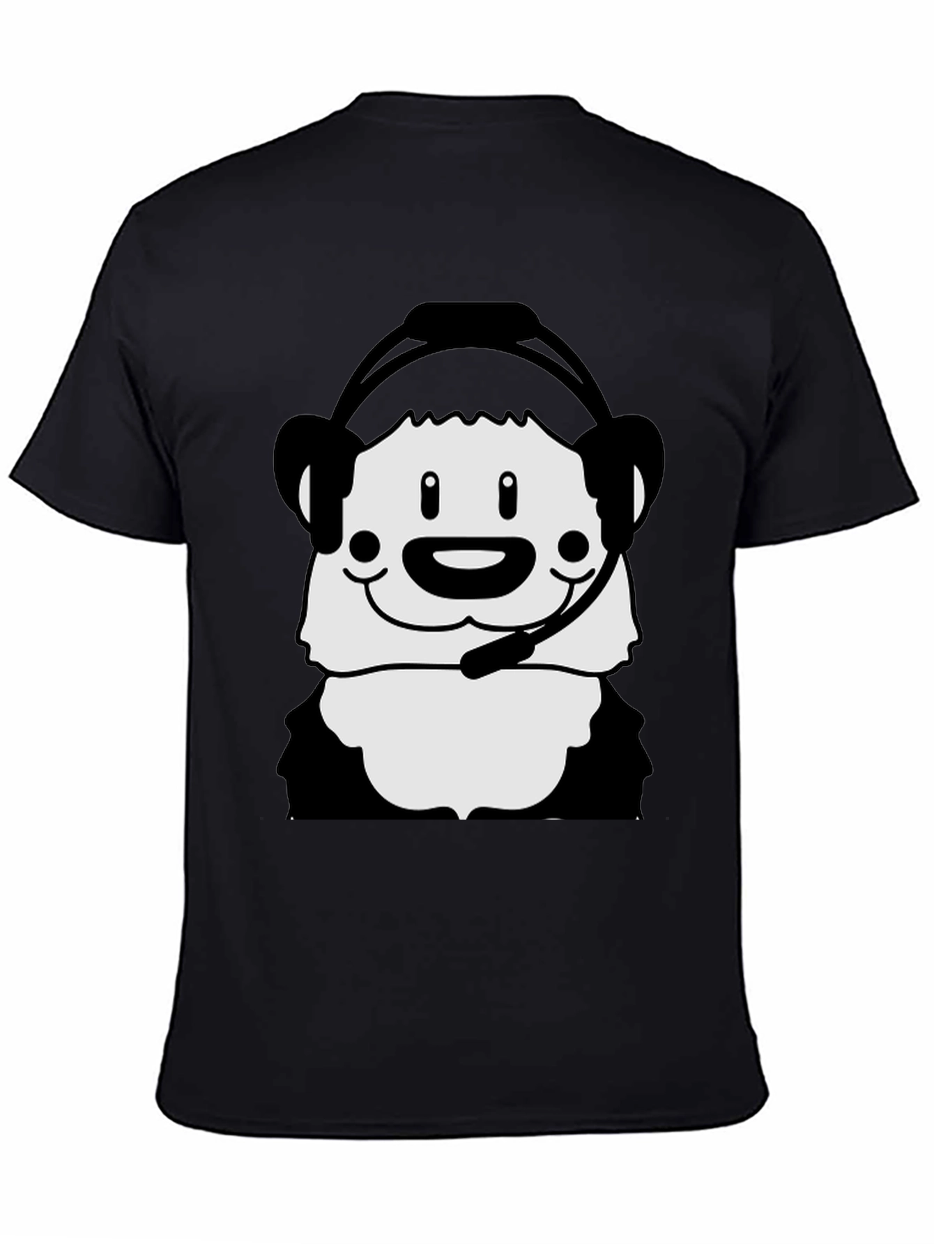 Cartoon Panda with Headset Black T-Shirt
