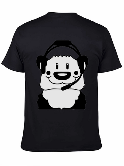 Cartoon Panda with Headset Black T-Shirt