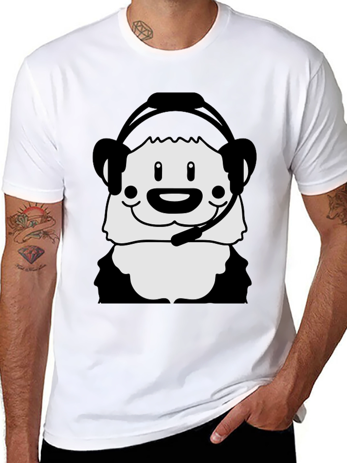 Cartoon Panda with Headset Black T-Shirt