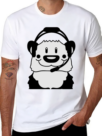 Cartoon Panda with Headset Black T-Shirt