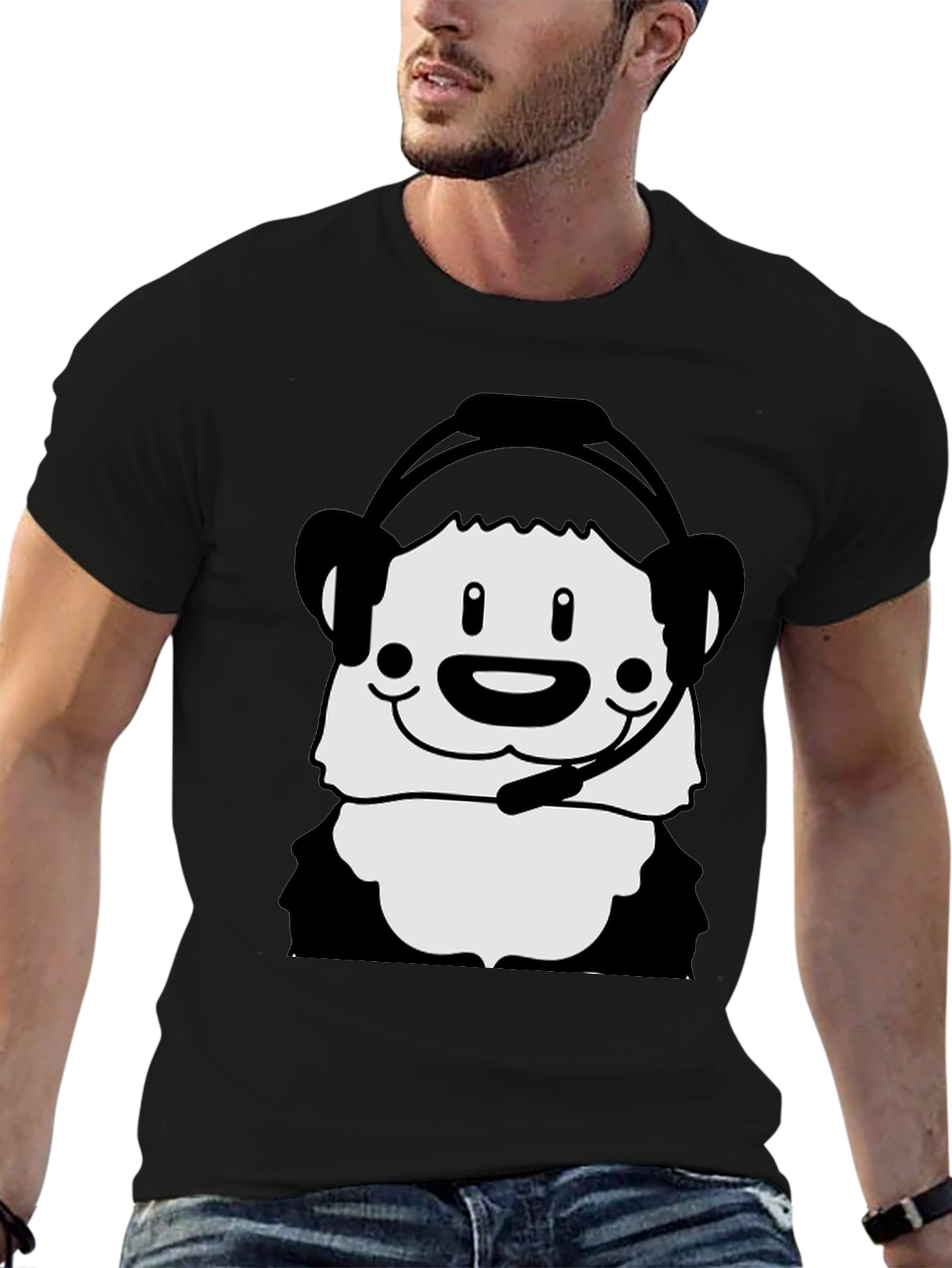 Cartoon Panda with Headset Black T-Shirt