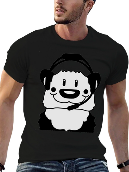 Cartoon Panda with Headset Black T-Shirt