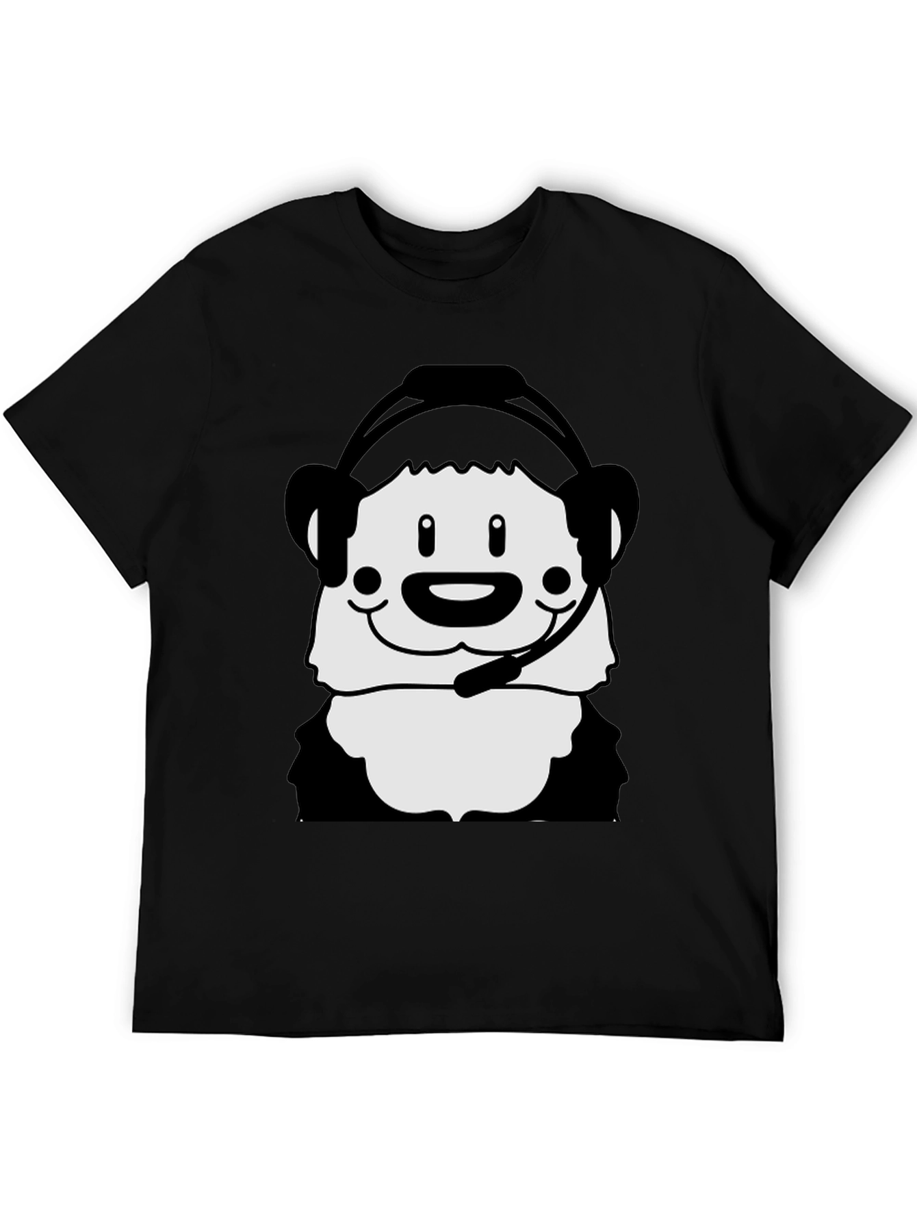 Cartoon Panda with Headset Black T-Shirt