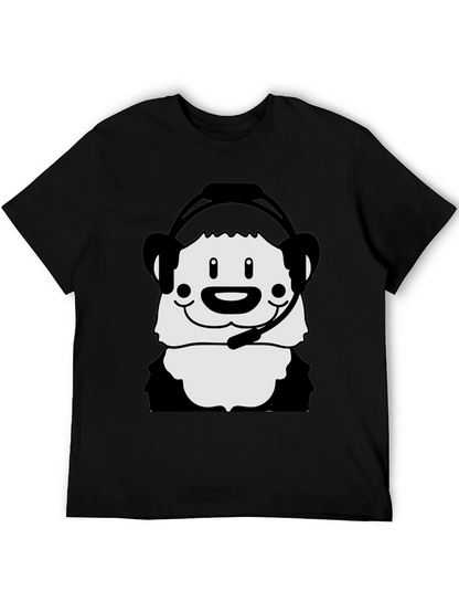 Cartoon Panda with Headset Black T-Shirt