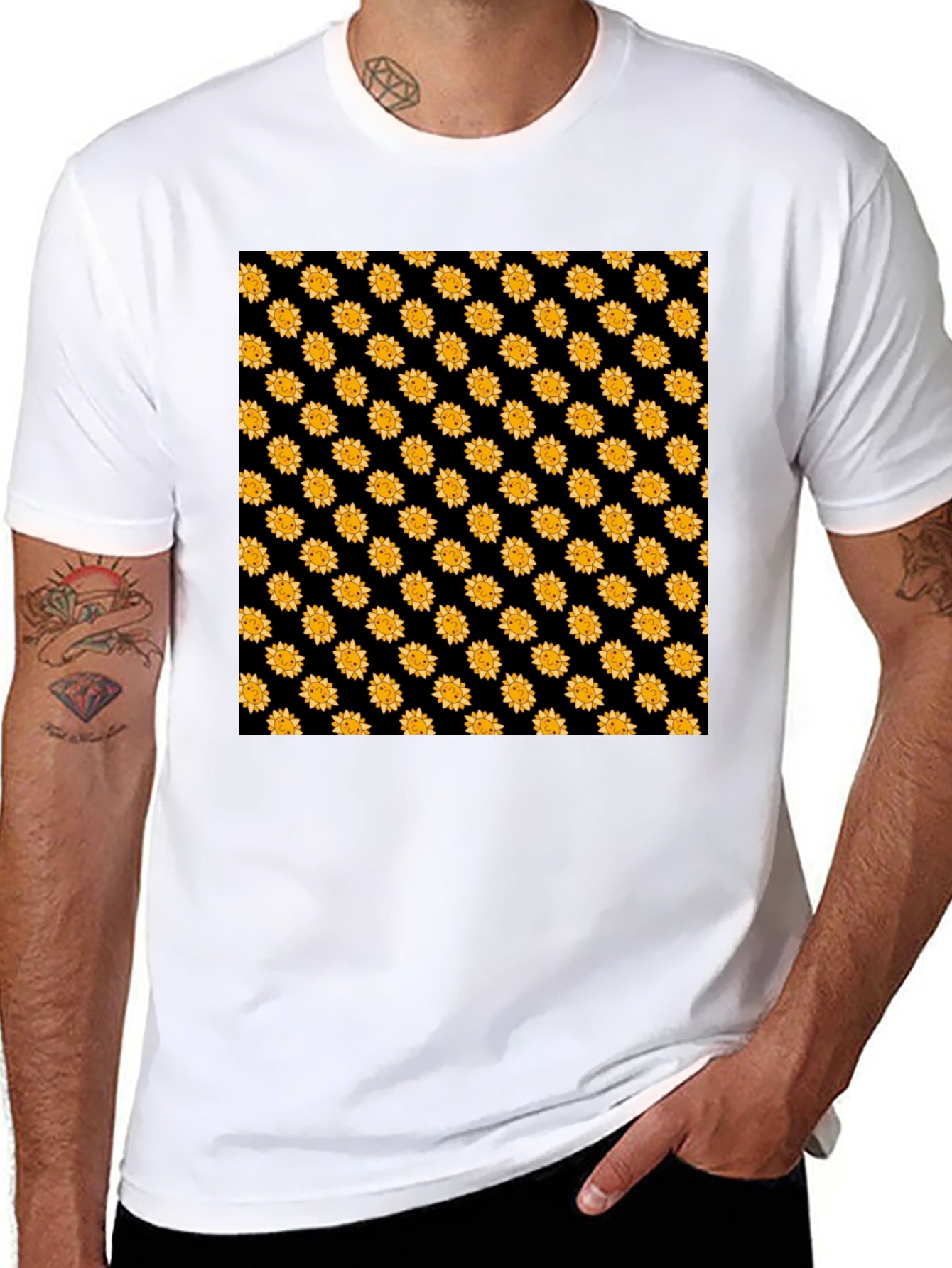 Sunflower Pattern Black T-Shirt