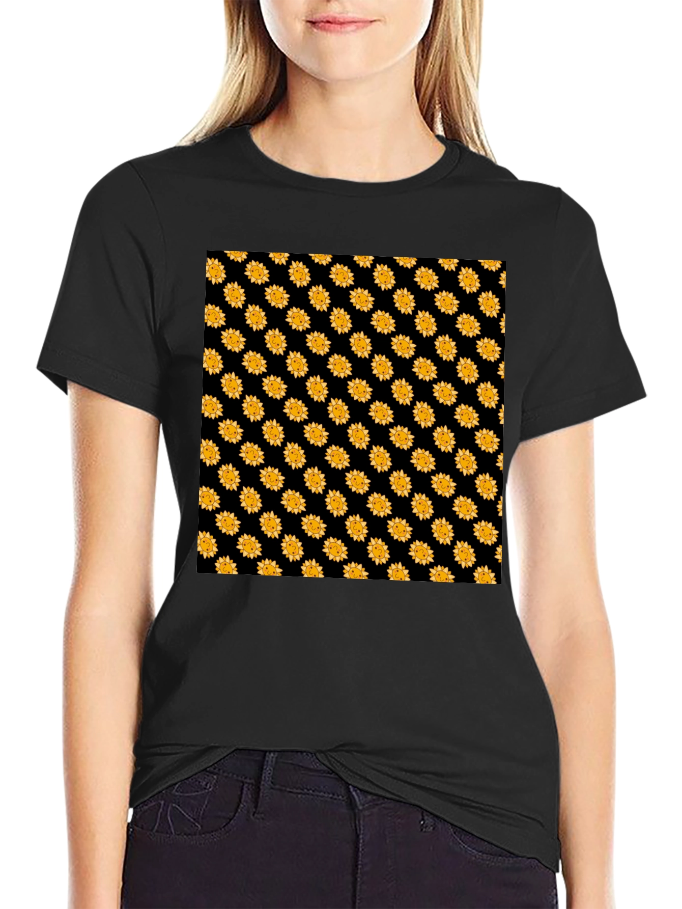 Sunflower Pattern Black T-Shirt