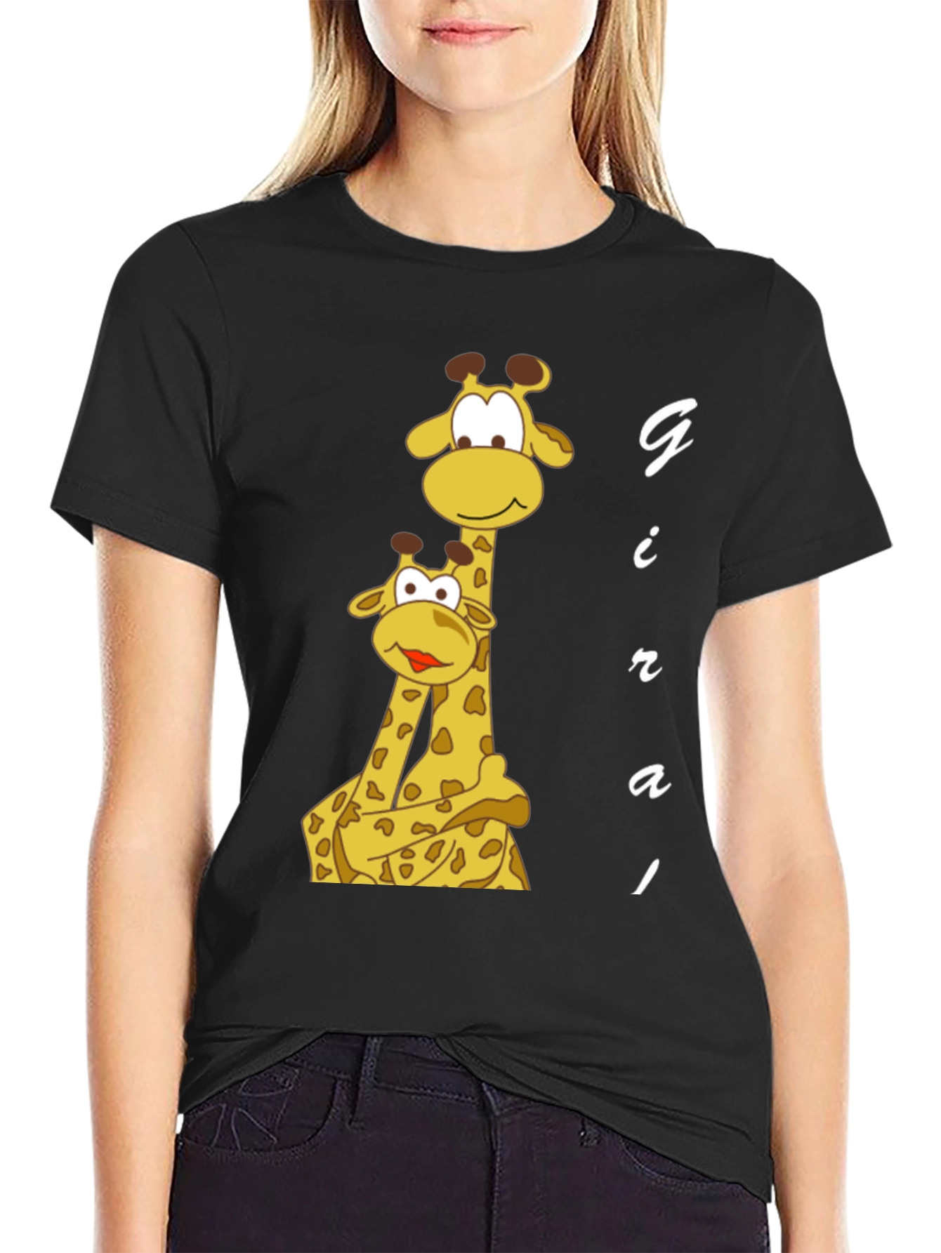 Giraffe Family Graphic Tee - Black Cotton T-Shirt