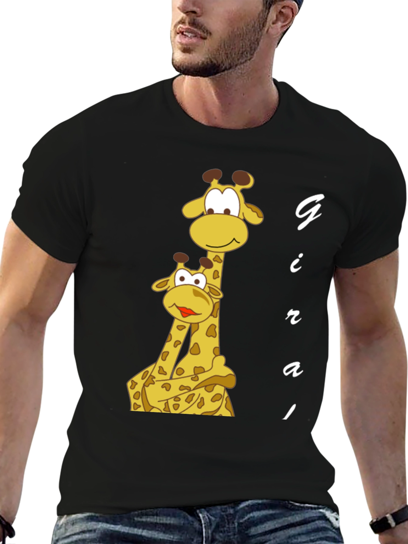 Giraffe Family Graphic Tee - Black Cotton T-Shirt