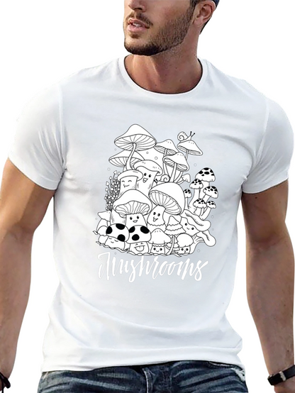 Mushroom Graphic Tee - Black Cotton Casual T-Shirt