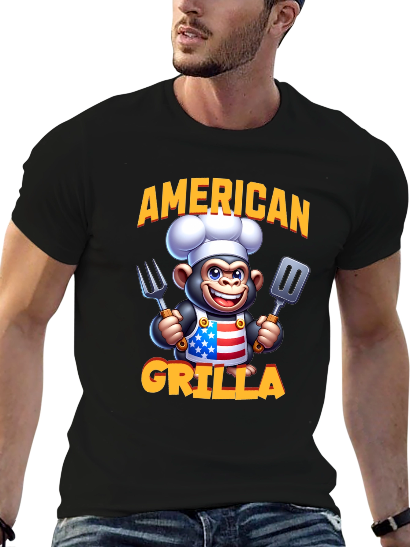 American Grilla T-Shirt - Patriotic Cartoon Monkey Chef