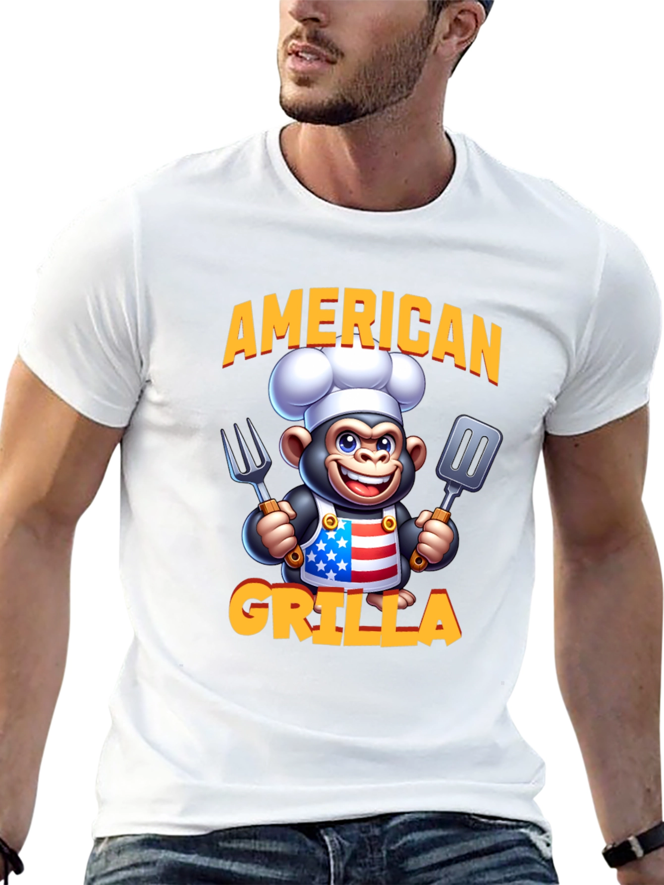 American Grilla T-Shirt - Patriotic Cartoon Monkey Chef