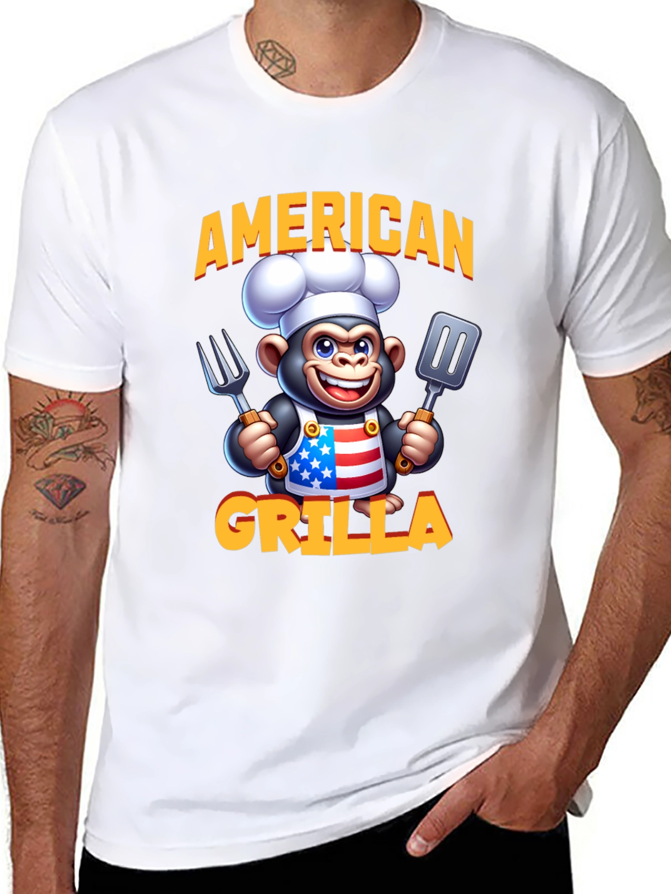 American Grilla T-Shirt - Patriotic Cartoon Monkey Chef