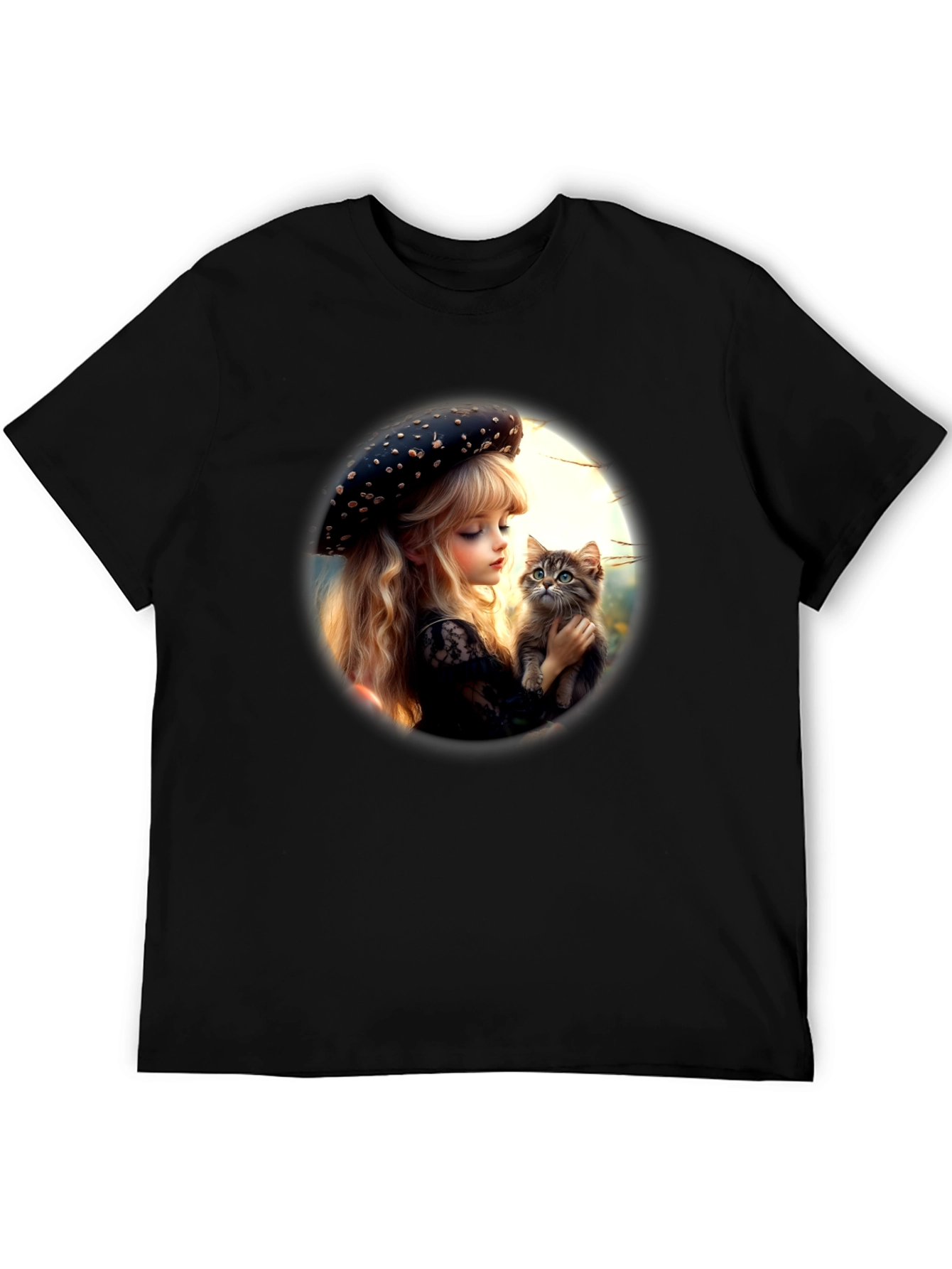 Girl and Kitten Black Graphic Tee