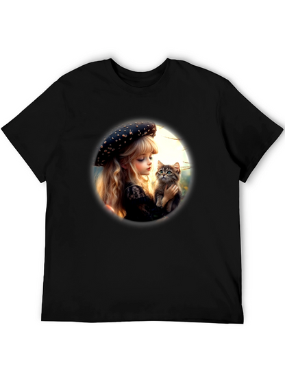 Girl and Kitten Black Graphic Tee