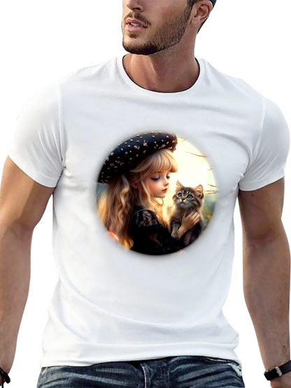 Girl and Kitten Black Graphic Tee