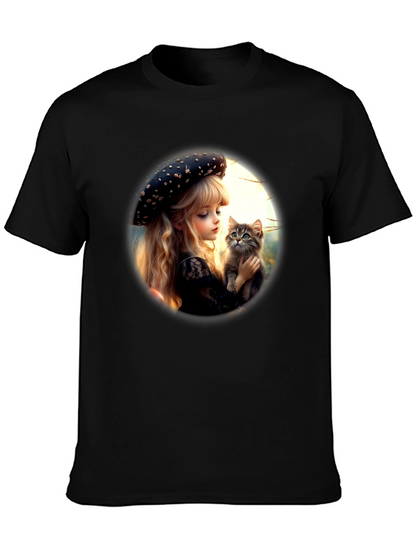 Girl and Kitten Black Graphic Tee