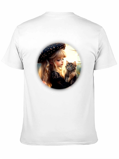 Girl and Kitten Black Graphic Tee