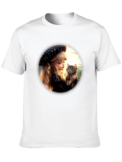 Girl and Kitten Black Graphic Tee
