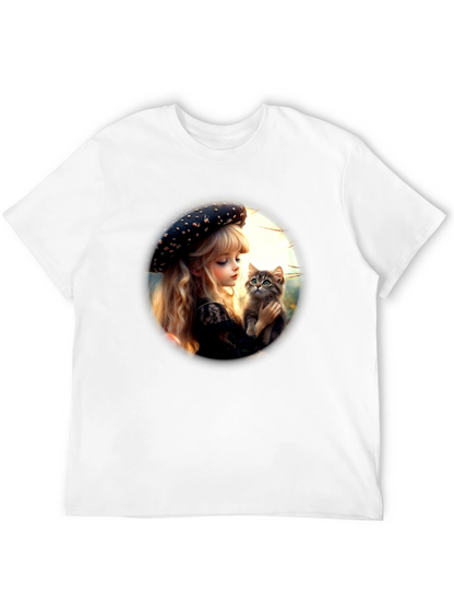 Girl and Kitten Black Graphic Tee