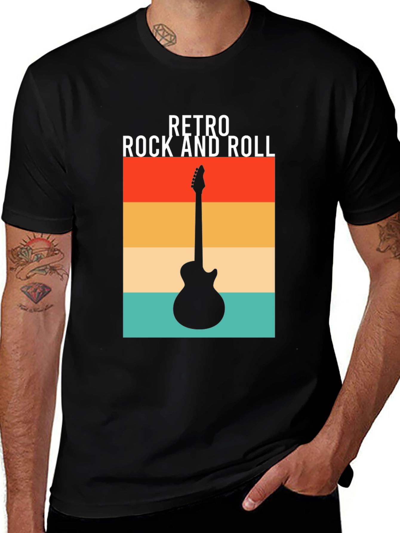 Retro Rock and Roll Guitar Graphic Tee - Black