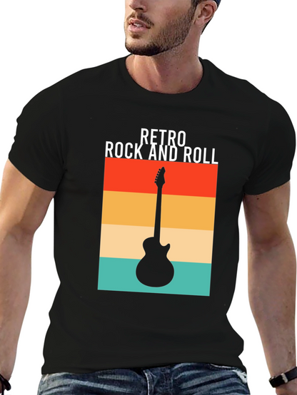 Retro Rock and Roll Guitar Graphic Tee - Black