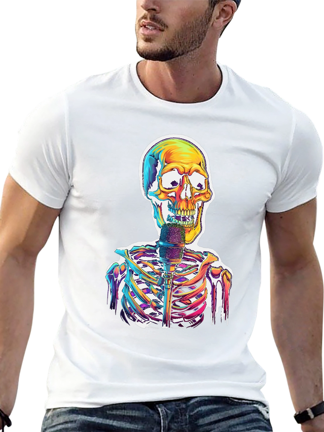 Skeleton Singer Graphic Tee - Cool Skull Design