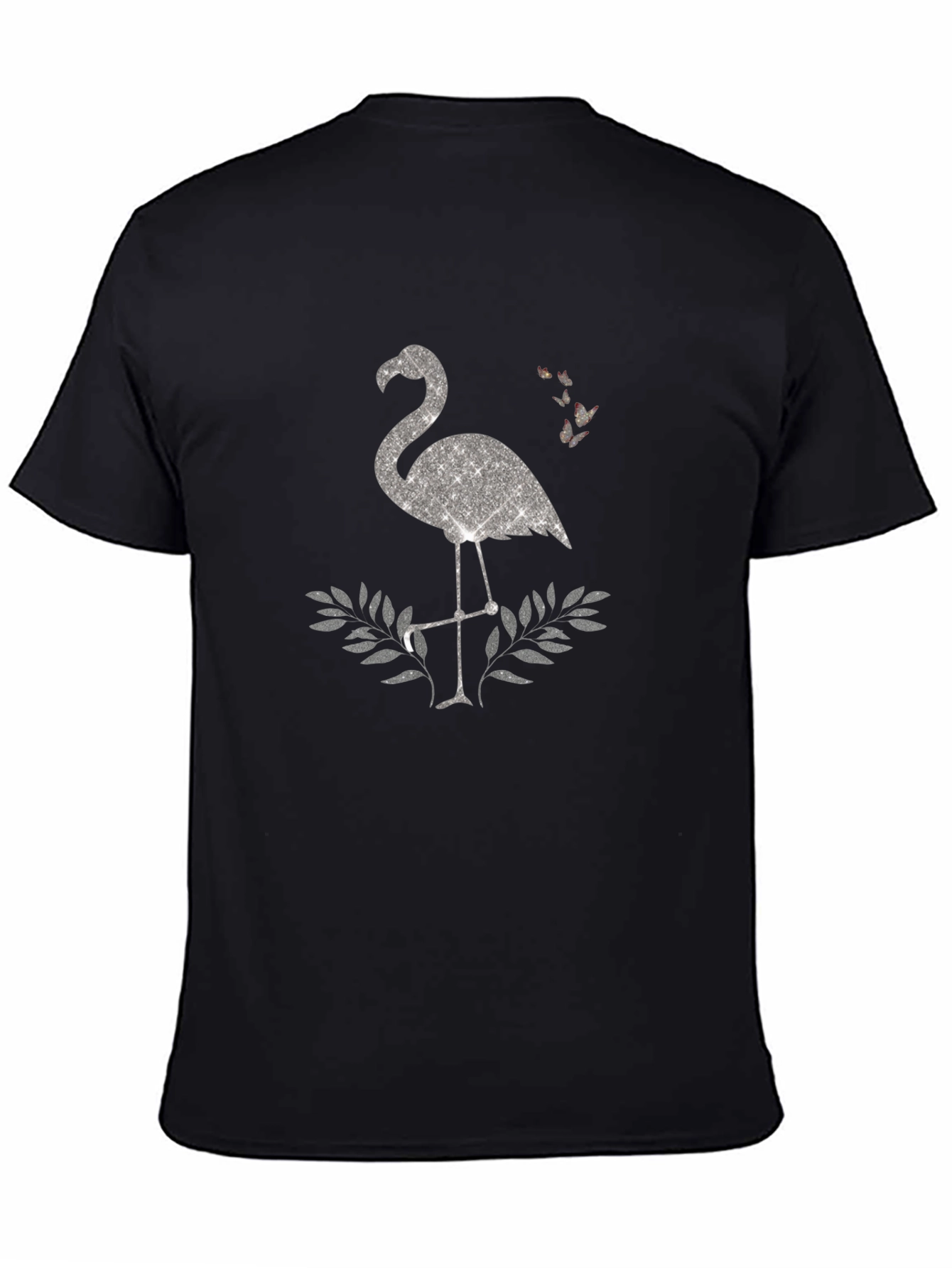 Sparkly Flamingo Graphic Tee - Black Cotton Shirt