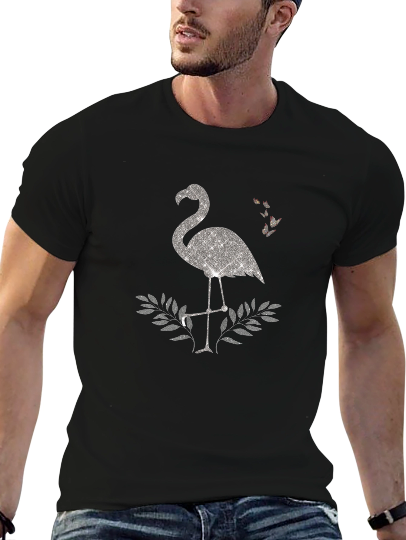 Sparkly Flamingo Graphic Tee - Black Cotton Shirt