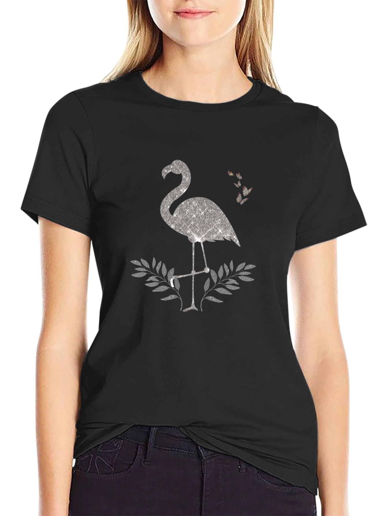 Sparkly Flamingo Graphic Tee - Black Cotton Shirt